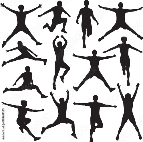 set of black silhouettes of people jumping and running in various poses