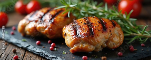 Obraz  z motywem Juicy grilled chicken thighs seasoned with pepper and fresh rosemary. Tomatoes and pink peppercorns garnish the rustic slate plate. Delicious, savory meat dish for a hearty meal.