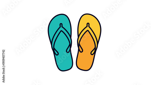 Two stylized flip-flops, one teal, one yellow-orange, with dark outlines, on white