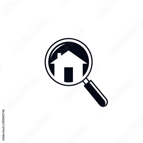 Black and white illustration of a house inside a magnifying glass