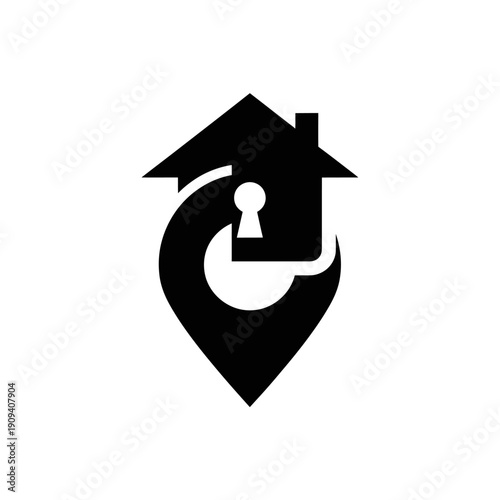 Black house silhouette with keyhole integrated into a location marker on white