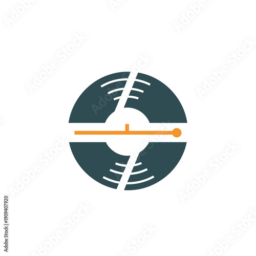 Abstract image of a split circle with waveform elements, orange bar