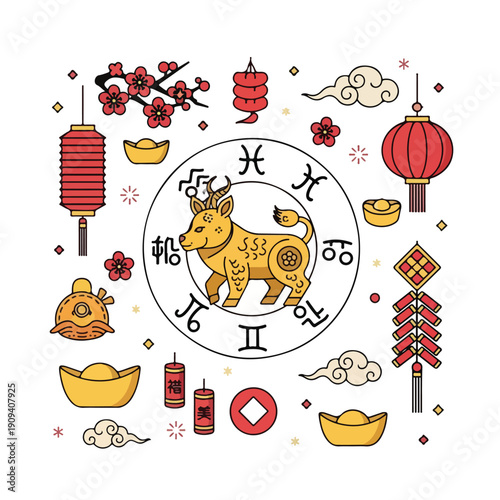 Lunar New Year celebration elements golden ox zodiac, red lanterns, firecrackers, cherry blossoms, and gold ingots, symbolizing good fortune and prosperity