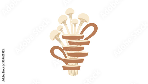 A stylized illustration features mushrooms on stems entwined in a cylindrical arrangement