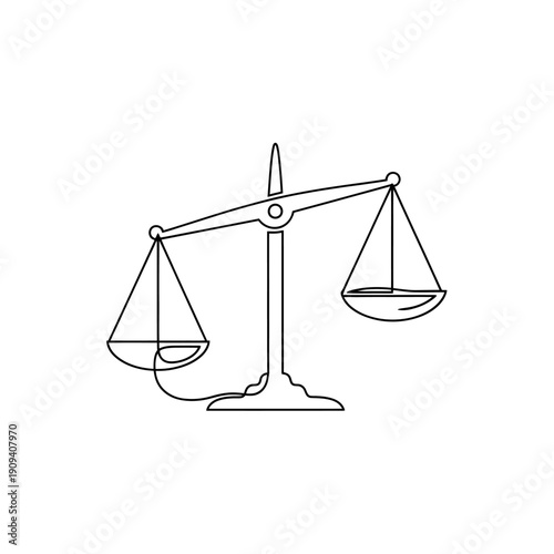 A black line drawing of balance scales, tilted to the right on a white background
