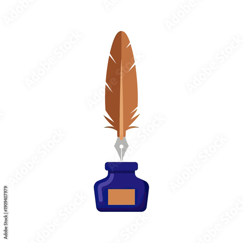 A brown feather quill pen with silver nib is in a dark blue inkwell with gold label