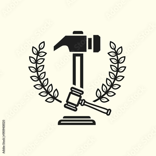 Black and white illustration of gavel and hammer within laurel wreath on cream background