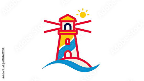 A whimsical, cartoon-style lighthouse stands with sun and waves, simple and bold colors