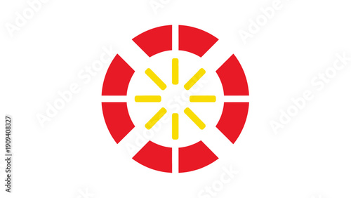 A stylized emblem of a red segmented wheel with yellow spokes centered on a white background