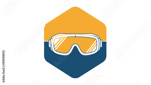 Graphic of ski goggles, within a shield shape. Upper half is gold, lower half is blue
