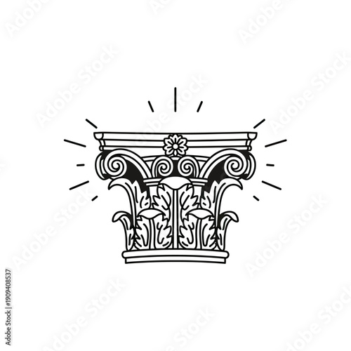 A black and white illustration of a stylized classical column capital with ornate details
