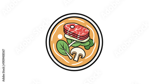 A stylized bowl of soup with steak, greens, and mushroom, encircled by a black outline