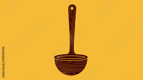A simplified, artistic illustration of a wooden ladle with a handle, set against a yellow background