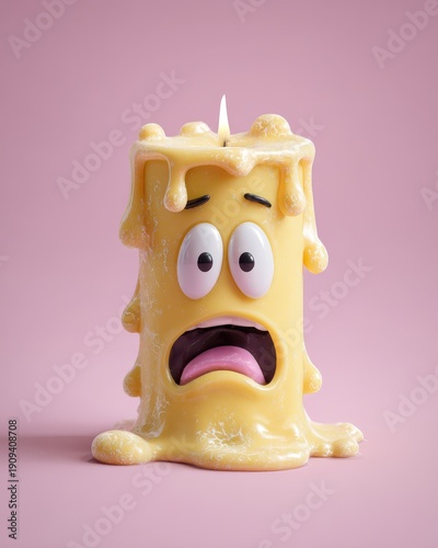 Anthropomorphic Melting Yellow Candle with Exaggerated Scared Face.