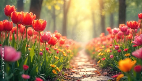 Sunlit forest path lined with blooming red and pink tulips and small yellow flowers. Gentle sunlight streams through trees illuminating a stone walkway. Rich green stems and leaves surround blossoms.