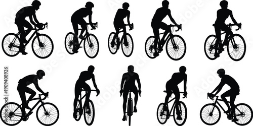 Diverse collection of black cyclist silhouettes riding road bikes for fitness competition outdoor recreation sports transport and active healthy lifestyle group training set, flat vector illustration