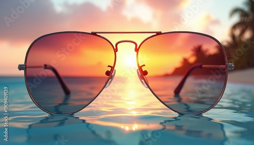 Aviator sunglasses rest on calm ocean water reflecting vibrant sunset sky with palm tree silhouettes. Warm twilight colors create serene mood for beach vacation or travel.