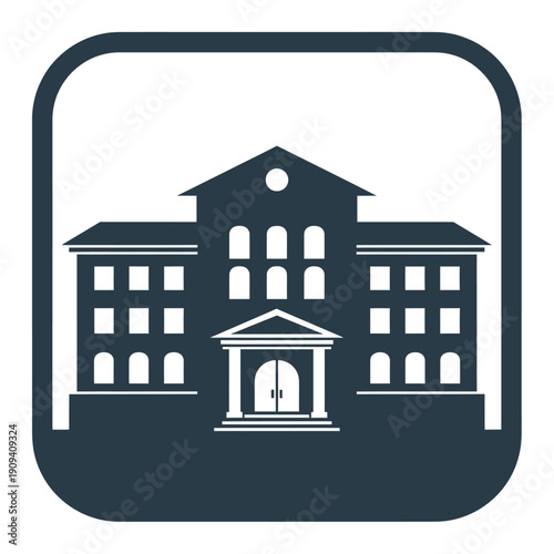 Illustration of a building with multiple windows and a door, in a rounded rectangle frame