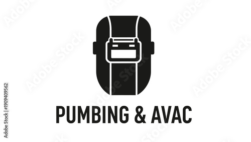 Black welding helmet graphic above "Pumbing & AVAC" text on a white background