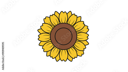 A stylized sunflower illustration. Yellow petals surround a brown center with a black outline