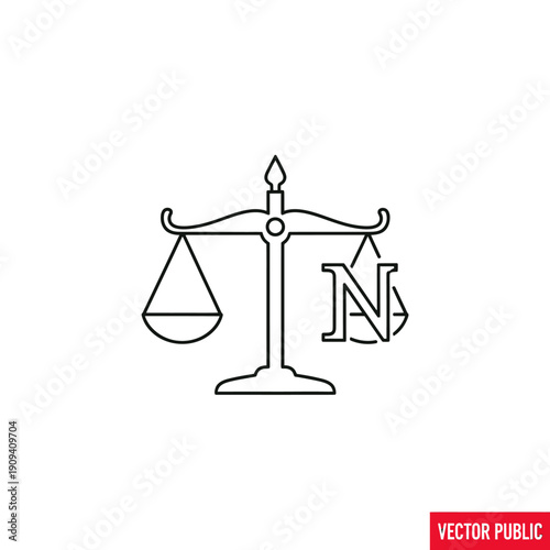 A monochrome line art illustration of a balance scale with a triangular weight and "N" shape