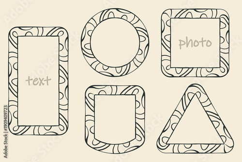 Whimsical frames outline set, minimalist coquette ornamental border line art. Hand drawn doodle style design, ink brush wavy line. Good for holiday invitations, birthday cards, web decor projects