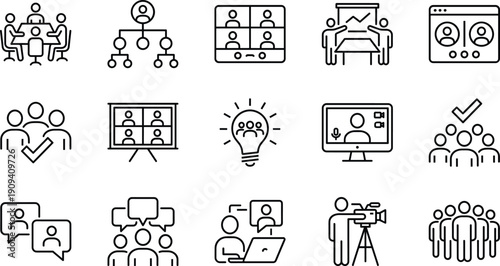 Linear vector icon set for remote work and team collaboration featuring video conferencing webinars digital meetings online presentations corporate hierarchy and virtual communication symbols