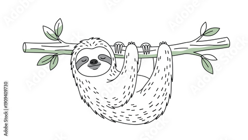 Cute cartoon sloth is shown hanging lazily from a tree branch with green leaves against a plain white background in a minimalist drawing style.