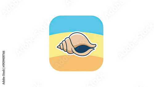 Cartoon icon of a seashell on a beach, against a blue sky, within a rounded square frame