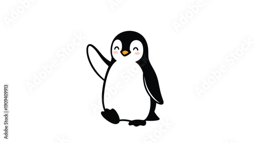 Adorable cartoon penguin is walking and waving one flipper with a happy expression on its face against a solid white background in a cute style.