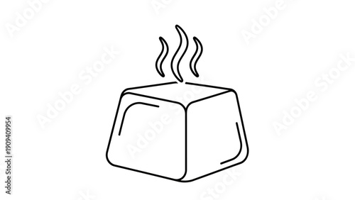 A black and white line drawing of a steaming, square object