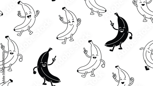 Fun seamless pattern features black and white cartoon bananas with faces and limbs dancing and striking poses on a clean white background.