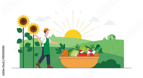 Farmer with Fresh Harvested Vegetables and Sunflowers in a Field