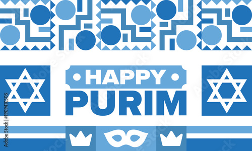 Purim. Happy Purim. Traditional Jewish religious holiday. Star of David, Carnival mask. Israel history. Сelebrated by a masquerade and festival. Poster art. Vector illustration