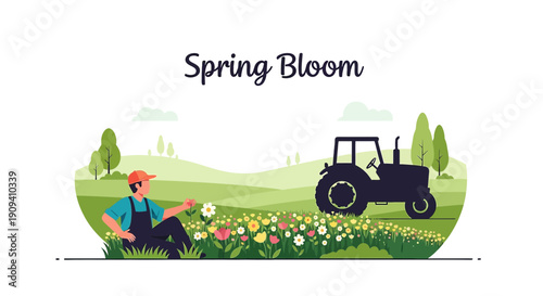 Farmer with Tractor in Spring Bloom Field, Floral Illustration