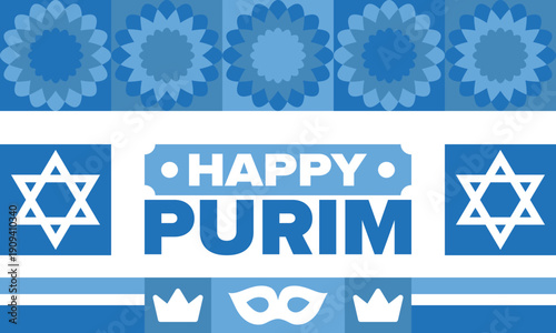 Purim. Happy Purim. Traditional Jewish religious holiday. Star of David, Carnival mask. Israel history. Сelebrated by a masquerade and festival. Poster art. Vector illustration