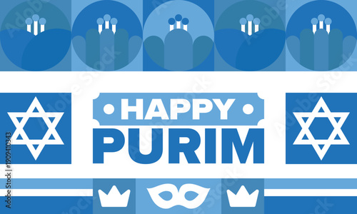 Purim. Happy Purim. Traditional Jewish religious holiday. Star of David, Carnival mask. Israel history. Сelebrated by a masquerade and festival. Poster art. Vector illustration