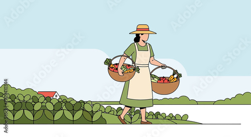 Farmer Woman Carrying Harvest Baskets Full of Fresh Produce in a Field