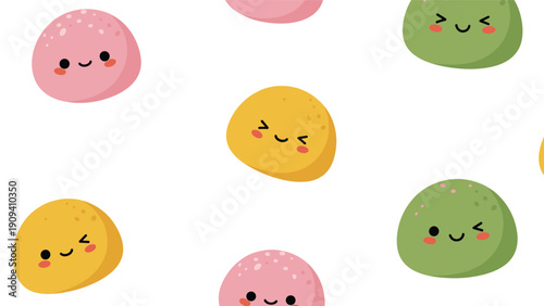Sweet seamless pattern showcases various colorful mochi cakes with cute blushing faces in pink, yellow, and green colors on a white background.