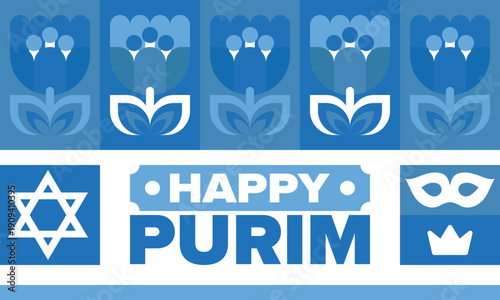 Purim. Happy Purim. Traditional Jewish religious holiday. Star of David, Carnival mask. Israel history. Сelebrated by a masquerade and festival. Poster art. Vector illustration