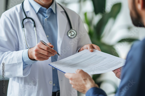 Doctor handing medical report to patient during clinic consultation.