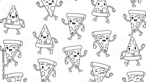 Black and white seamless pattern displays cute cartoon pizza slices with faces and limbs walking and waving in a fun doodle style.
