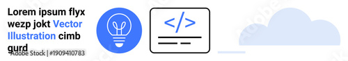Technology, programming, innovation, cloud computing, creative solutions, digital systems. Visual features include a blue lightbulb, a code icon and a cloud shape. Technology and programming concept