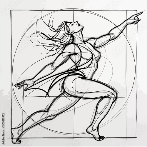Dynamic Female Figure in Vitruvian Style – Artistic Anatomy Line Illustration