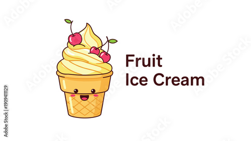 Yellow fruit ice cream in a waffle cone decorated with three red cherries and a cute smiling face on the cone base against a white background.