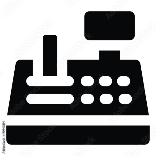 Black solid illustration of a cash register. Clean minimal style representing retail checkout, payment processing, sales transactions, and store equipment isolated on white background.