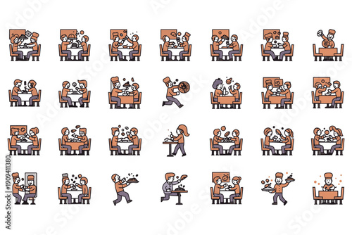 Cute flat design illustration set of restaurant dining and waiter service scenes with cheerful characters enjoying meals together