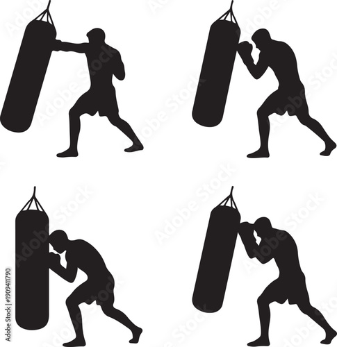 Silhouette of a man practicing boxing punches on a punching bag