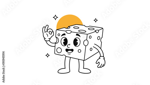 Retro style black and white cartoon cheese character is posing with an okay hand sign in front of a yellow circular shape.