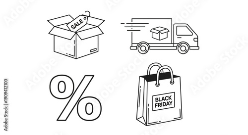 Black Friday Sale Icons: Delivery Truck, Shopping Bag, Open Box, Percentage Sign